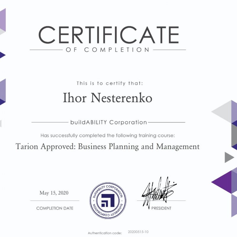 Tarion Approved Business Planning and Management certificate