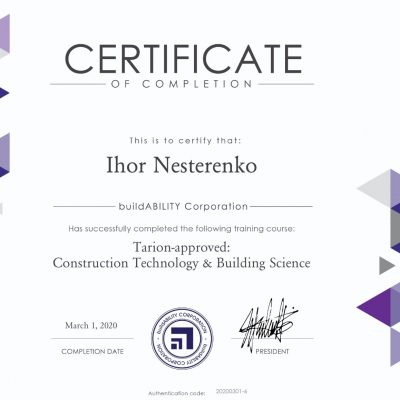 Tarion Approved Construction Technology Building Science certificate