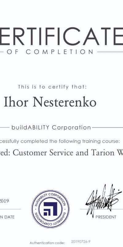 Tarion Approved Customer Service and Tarion Warranty certificate